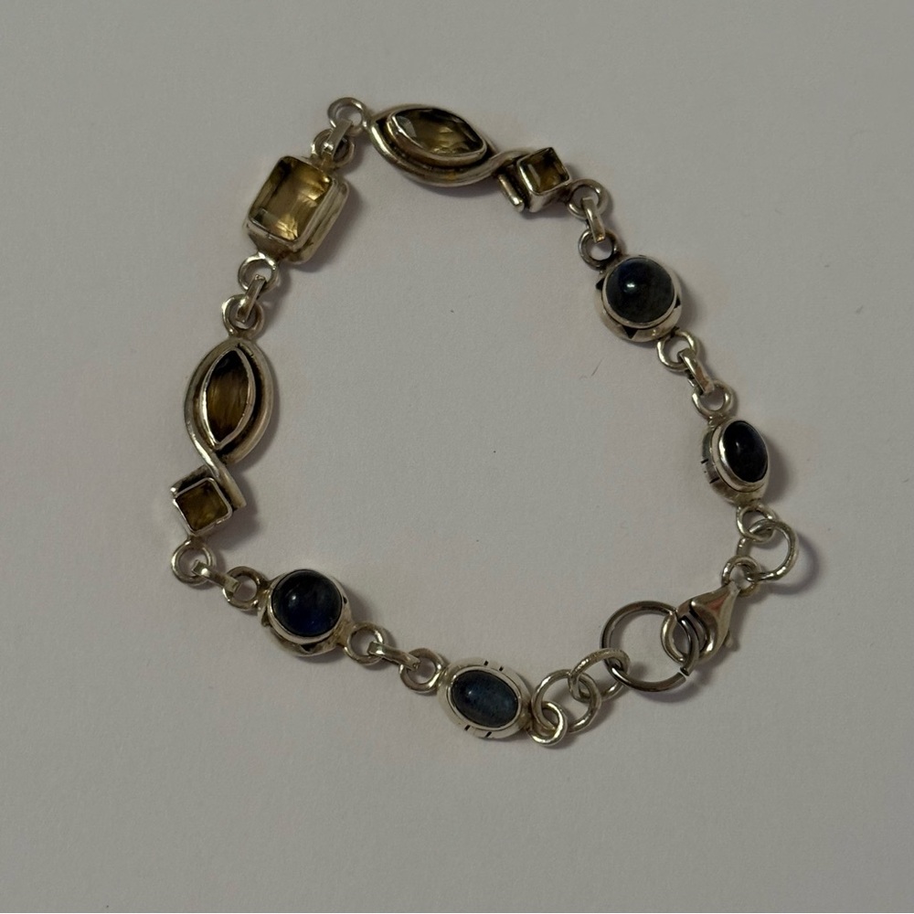 BRACELET STERLING SILVER 925 YELLOW CITRINE MOONSTONE LINKS 7.5” 14g